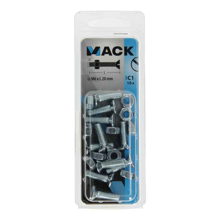 Mack 1017508 - tornillo metálico galvanizado. cabeza + tuerca chapada 10uds m6 x 20mm | 10 piezas