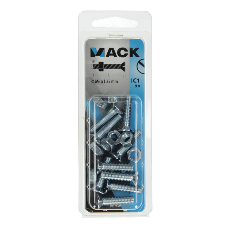 Mack 1017509 - tornillo metálico galvanizado. cabeza + tuerca chapada 9 piezas m6 x 25 mm | 10 piezas