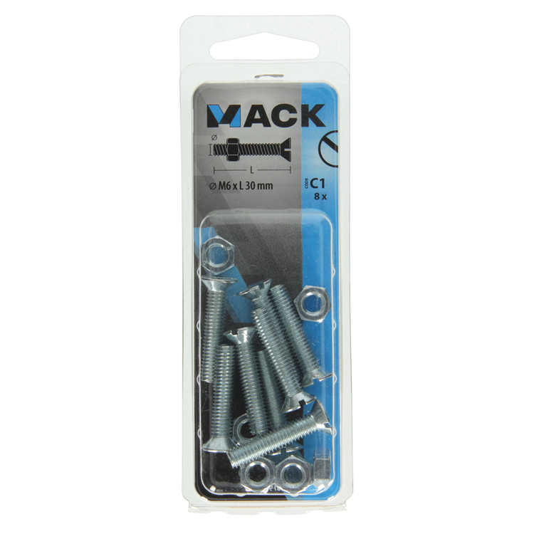 Mack 1017510 - tornillo metálico galvanizado. cabeza + tuerca chapada 8 piezas m6 x 30 mm | 10 piezas