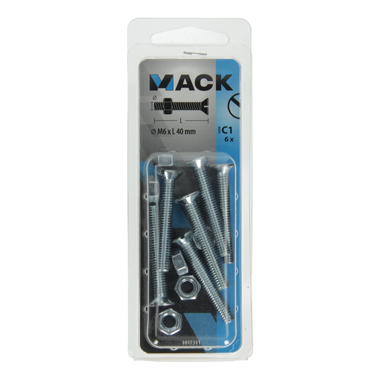 Mack 1017511 - tornillo metálico galvanizado. cabeza + tuerca chapada 6 piezas m6 x 40 mm | 10 piezas