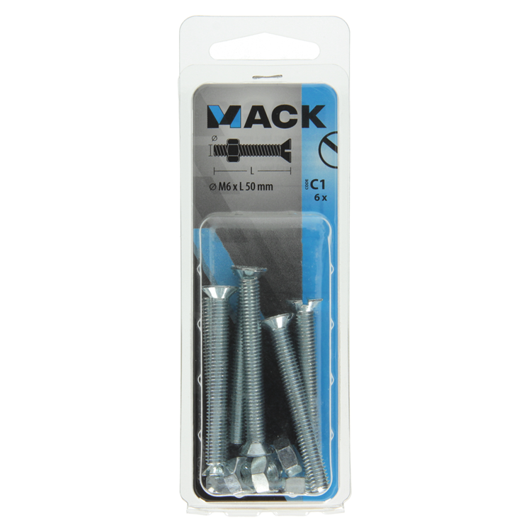 Mack 1017512 - tornillo metálico galvanizado. cabeza + tuerca plateada 6 piezas m6 x 50 mm | 10 piezas