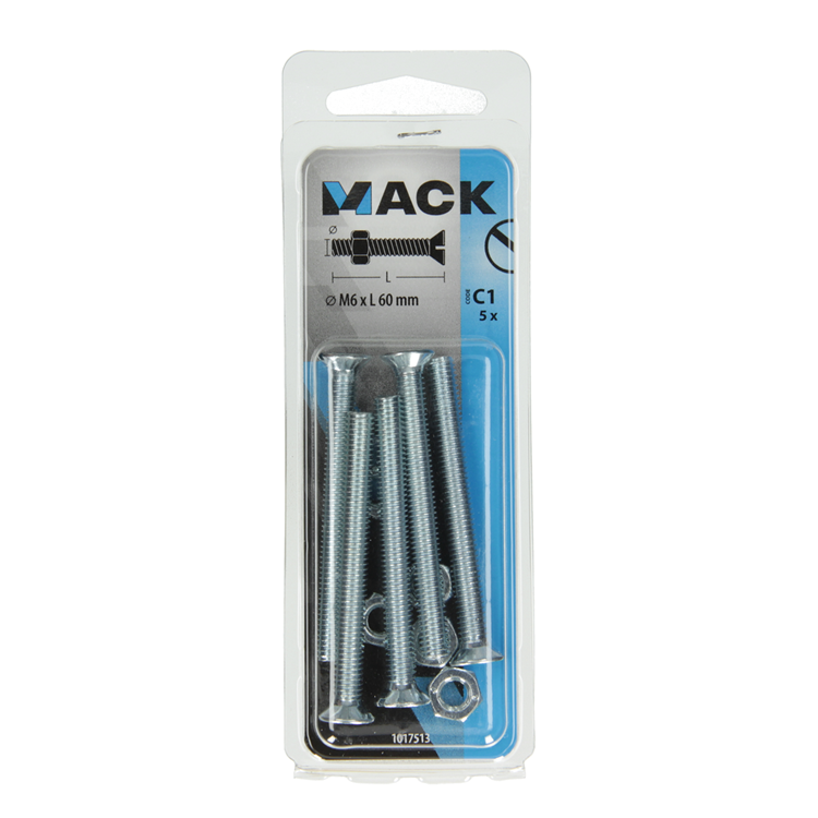 Mack 1017513 - tornillo metálico galvanizado. cabeza + tuerca chapada 5 piezas m6 x 60 mm | 10 piezas