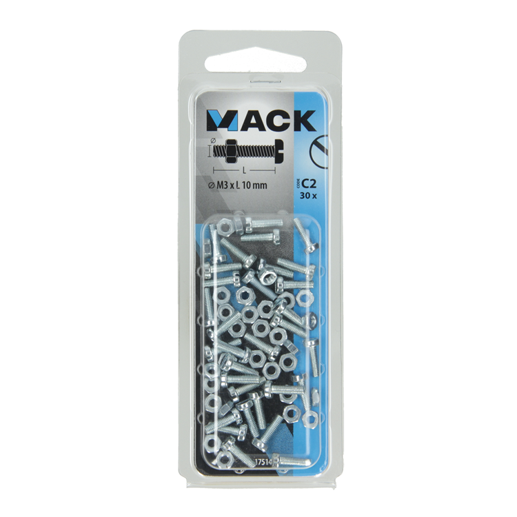 Mack 1017514 - cilindro de tornillo metálico. cabeza + tuerca chapada 30 piezas m3 x 10 mm | 10 piezas