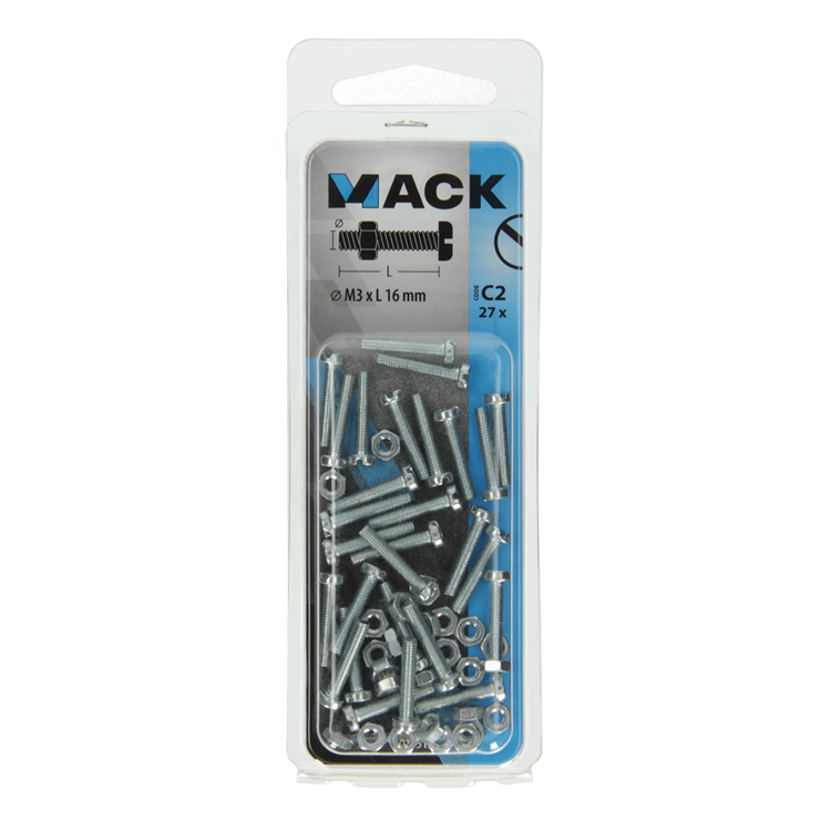 Mack 1017515 - cilindro de tornillo metálico. cabeza + tuerca plateada 27 piezas m3 x 16 mm | 10 piezas