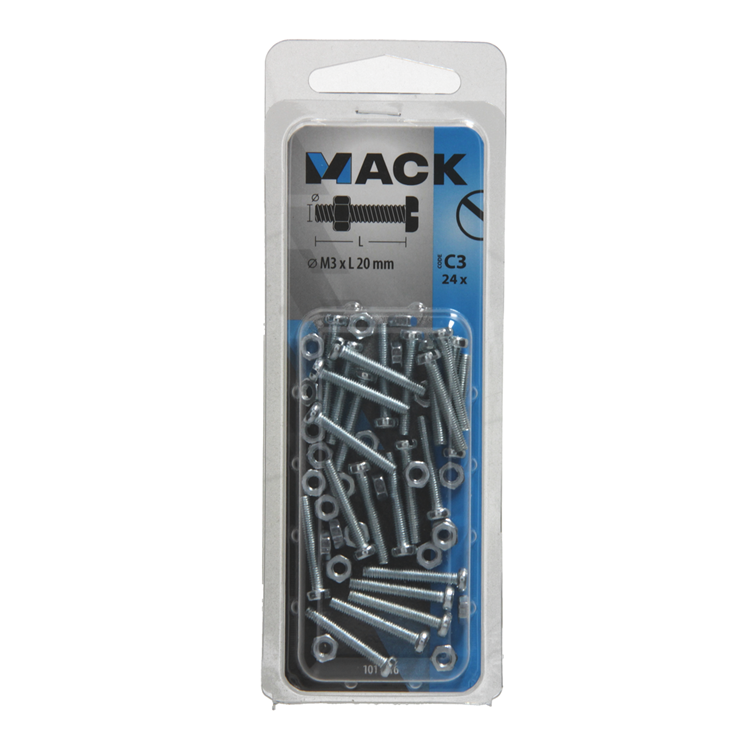 Mack 1017516 - cilindro de tornillo metálico. cabeza + tuerca chapada 24 piezas m3 x 20 mm | 10 piezas