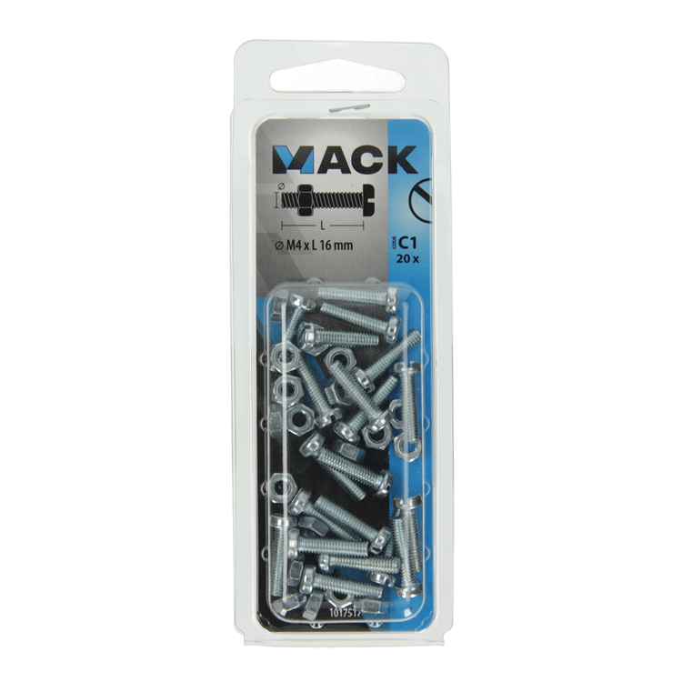 Mack 1017517 - cilindro de tornillo metálico. cabeza + tuerca chapada 20 piezas m4 x 16 mm | 10 piezas