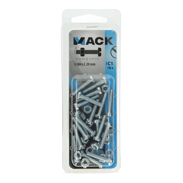 Mack 1017518 - cilindro de tornillo metálico. cabeza + tuerca chapada 18 piezas m4 x 20 mm | 10 piezas