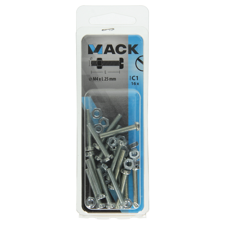 Mack 1017519 - cilindro de tornillo metálico. cabeza + tuerca chapada 16 piezas m4 x 25 mm | 10 piezas