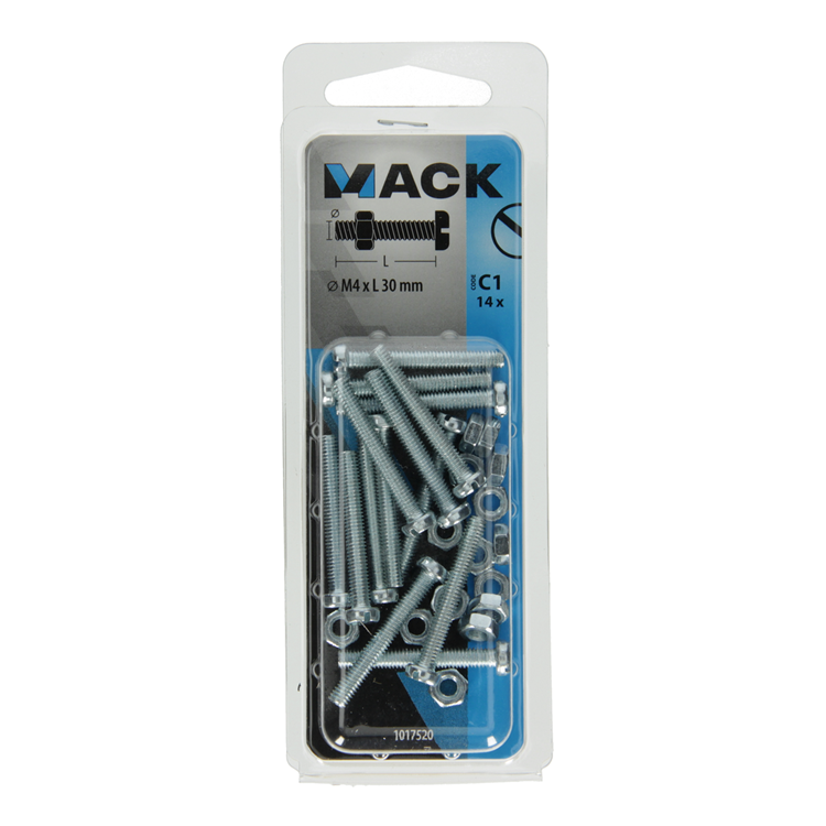 Mack 1017520 - cilindro de tornillo metálico. cabeza + tuerca chapada 14 piezas m4 x 30 mm | 10 piezas