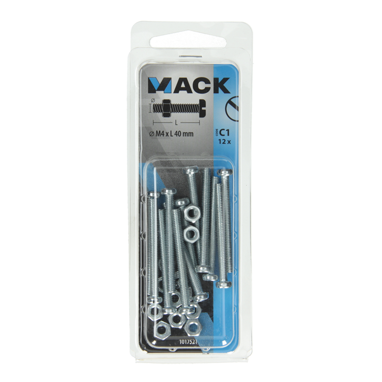 Mack 1017521 - cilindro de tornillo metálico. cabeza + tuerca chapada 12 piezas m4 x 40 mm | 10 piezas