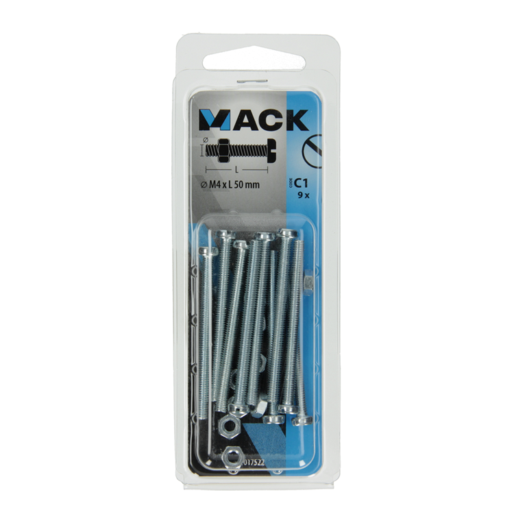 Mack 1017522 - cilindro de tornillo metálico. cabeza + tuerca plateada 9 piezas m4 x 50 mm | 10 piezas