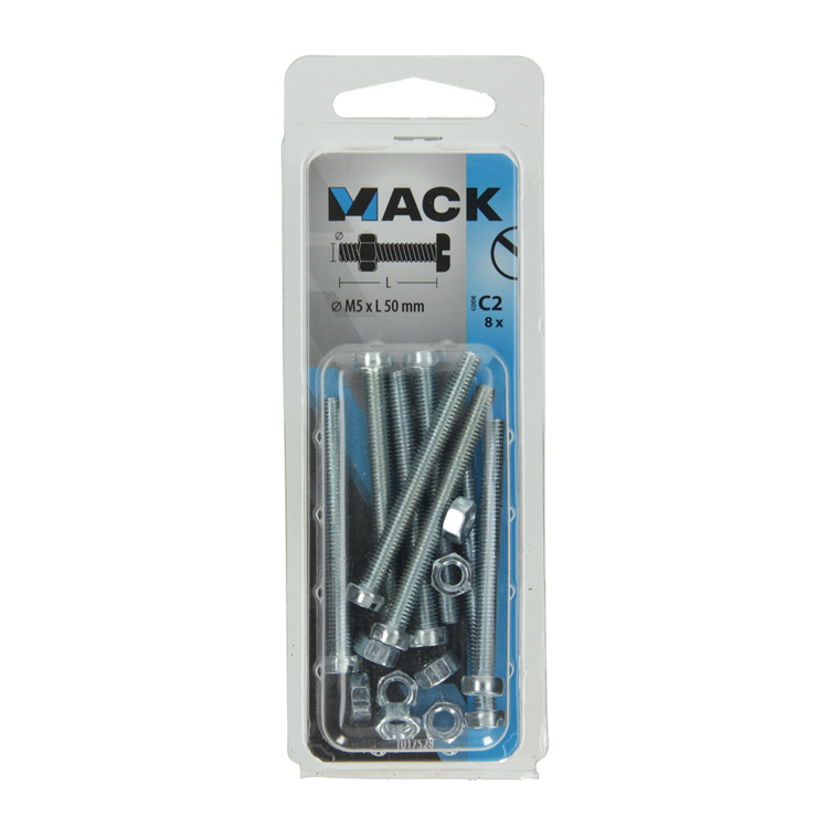 Mack 1017528 - cilindro de tornillo metálico. cabeza + tuerca chapada 8 piezas m5 x 50 mm | 10 piezas