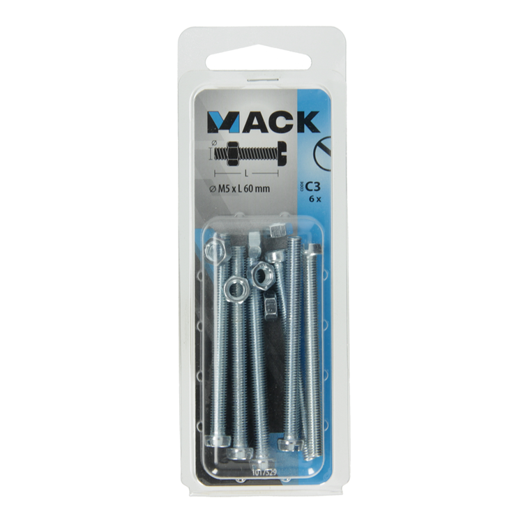 Mack 1017529 - cilindro de tornillo metálico. cabeza + tuerca chapada 6 piezas m5 x 60 mm | 10 piezas