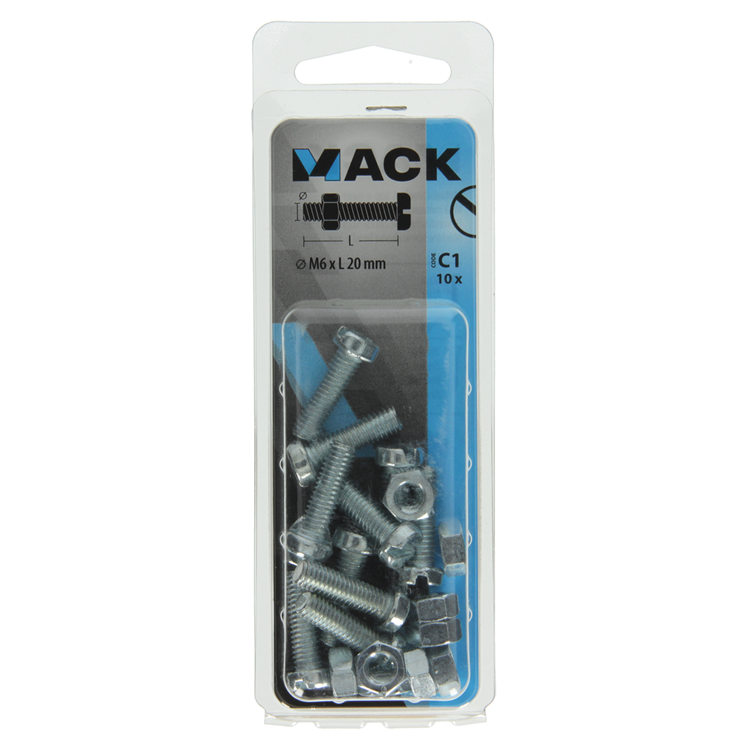 Mack 1017531 - cilindro de tornillo metálico. cabeza + tuerca chapada 10 piezas m6 x 20 mm | 10 piezas