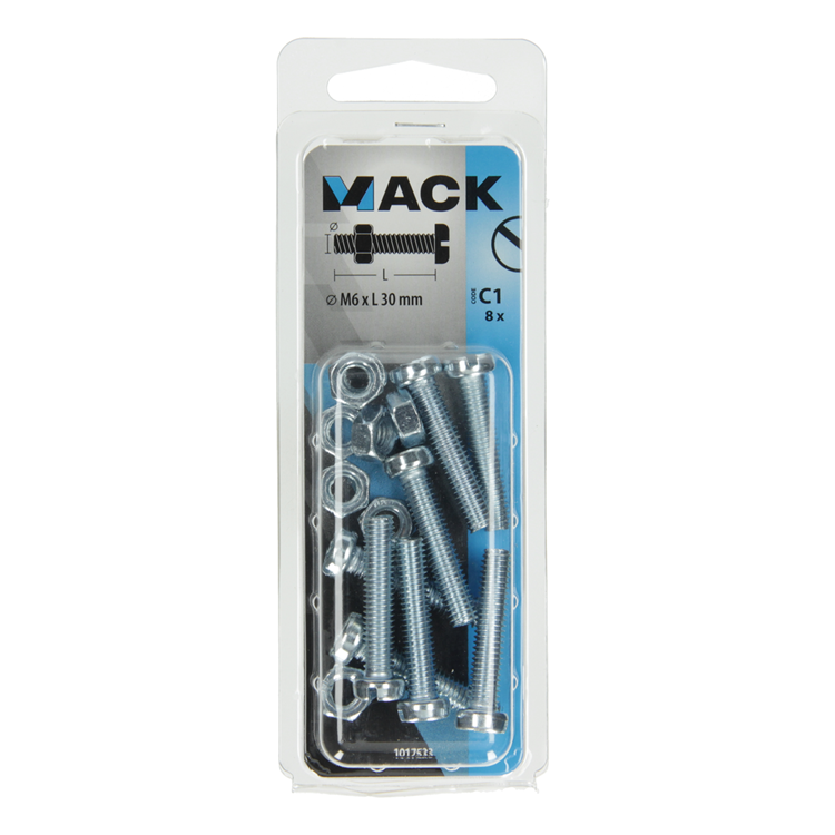 Mack 1017533 - cilindro de tornillo metálico. cabeza + tuerca chapada 8 piezas m6 x 30 mm | 10 piezas