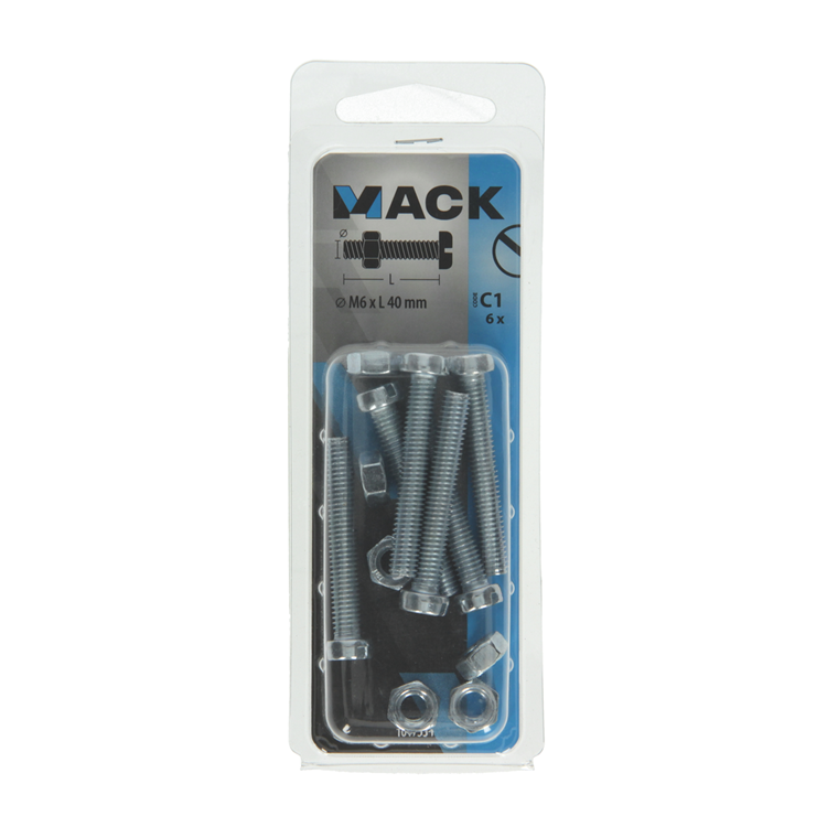 Mack 1017534 - cilindro de tornillo metálico. cabeza + tuerca chapada 6 piezas m6 x 40 mm | 10 piezas