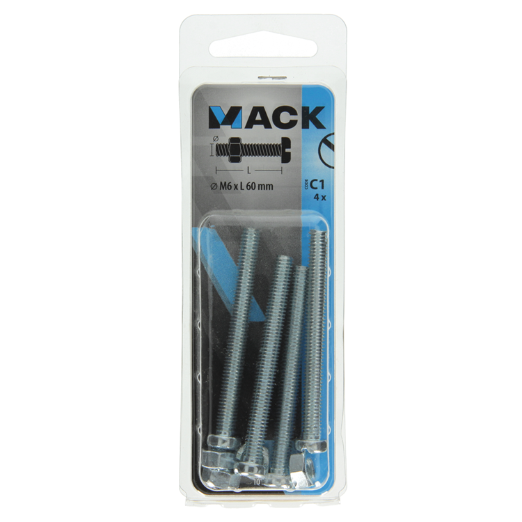 Mack 1017536 - cilindro de tornillo metálico. cabeza + tuerca chapada 4 piezas m6 x 60 mm | 10 piezas