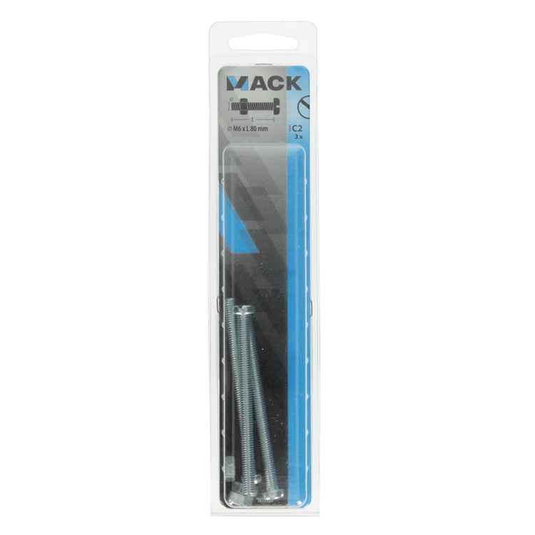 Mack 1017537 - cilindro de tornillo metálico. cabeza + tuerca chapada 3 piezas m6 x 80 mm | 5 piezas
