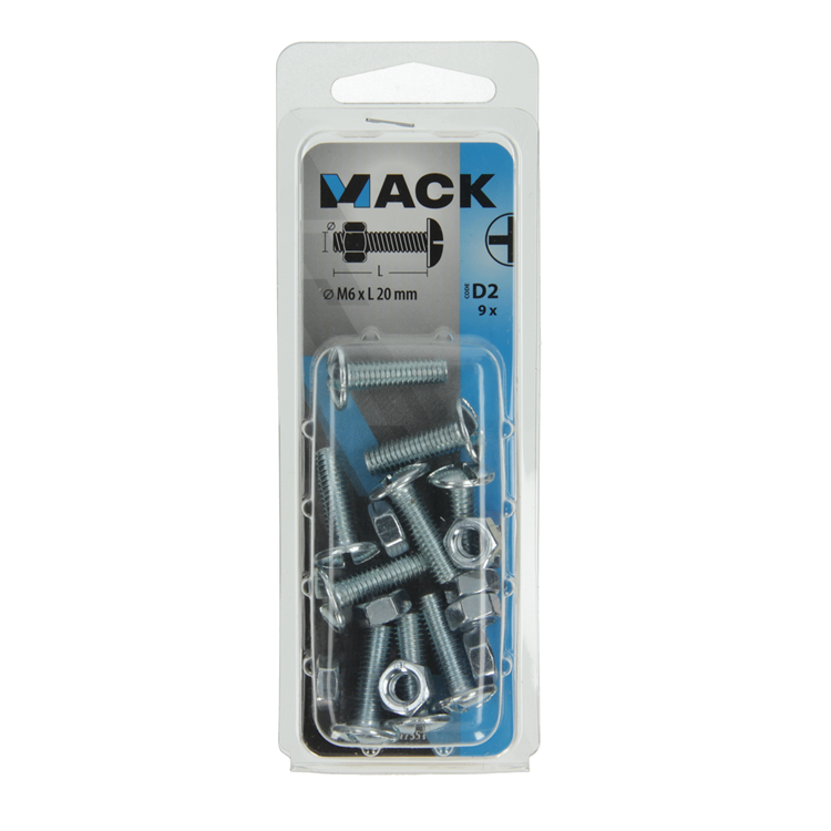 Mack 1017551 - perno calentador + tuerca acero galvanizado 9 piezas m6 x 20 mm | 5 piezas