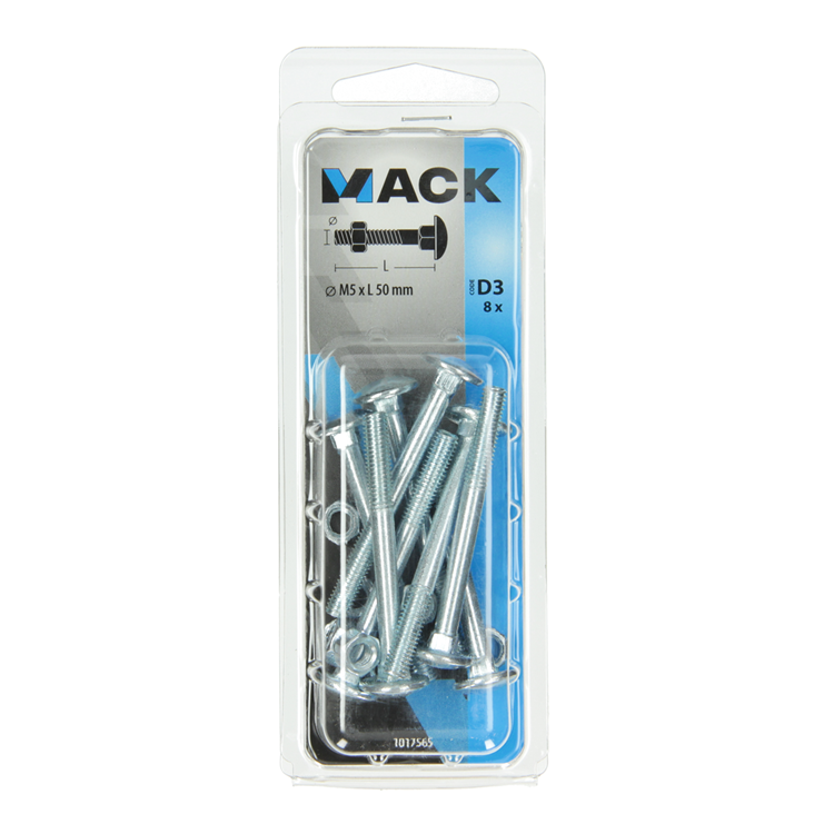 Mack 1017565 - perno para madera + tuerca acero galvanizado 8 piezas m5 x 50 mm | 5 piezas