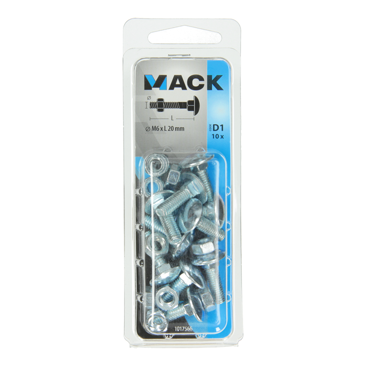 Mack 1017566 - perno para madera + tuerca acero galvanizado 10 piezas m6 x 20 mm | 5 piezas