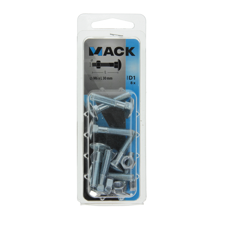 Mack 1017568 - perno para madera + tuerca acero galvanizado 8 piezas m6 x 30 mm | 5 piezas