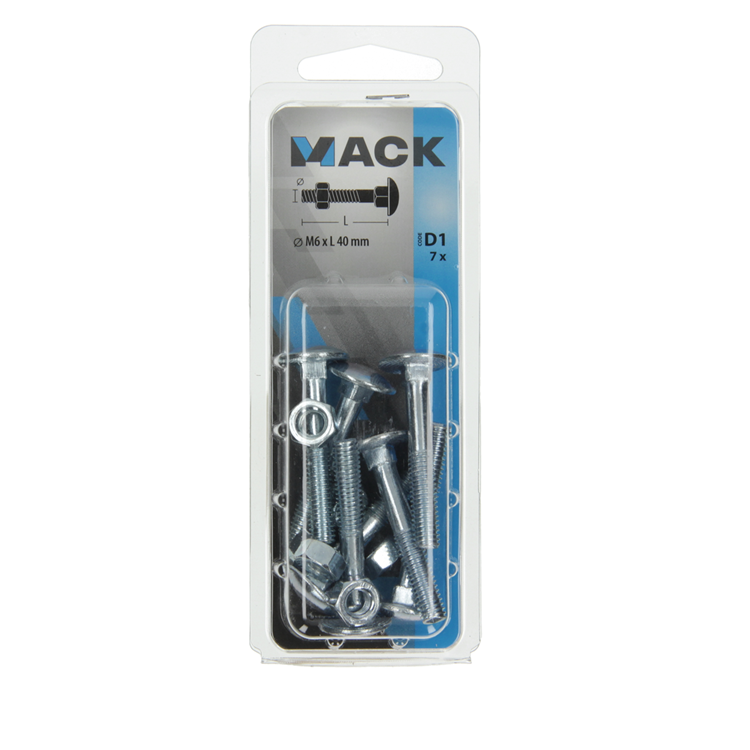 Mack 1017570 - perno para madera + tuerca acero galvanizado 7 piezas m6 x 40 mm | 5 piezas