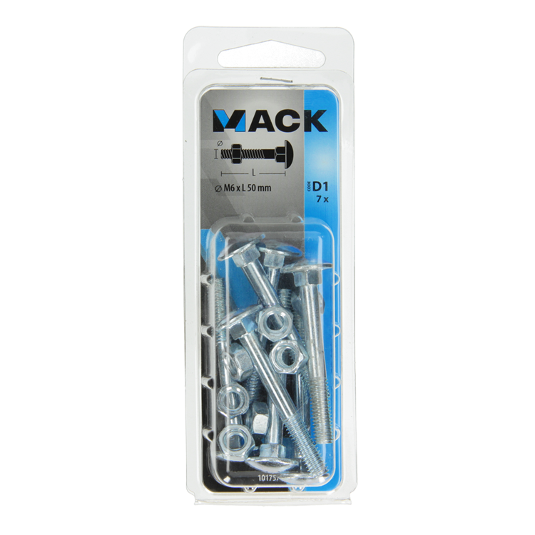 Mack 1017571 - perno para madera + tuerca acero galvanizado 7 piezas m6 x 50 mm | 5 piezas