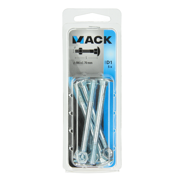 Mack 1017573 - perno para madera + tuerca acero galvanizado 5 piezas m6 x 70 mm | 5 piezas