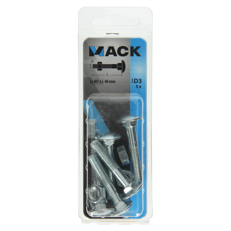 Mack 1017576 - perno para madera + tuerca acero galvanizado 5 piezas m7 x 40 mm | 5 piezas