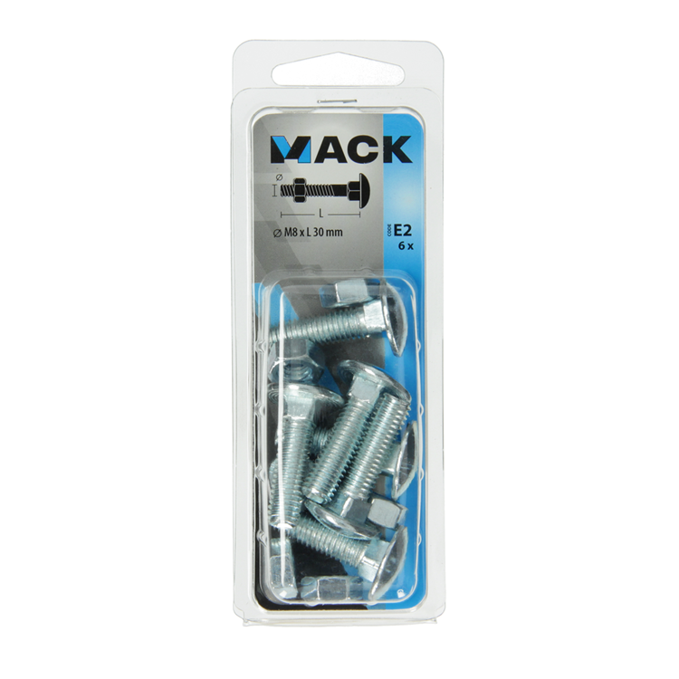 Mack 1017579 - perno para madera + tuerca acero galvanizado 6 piezas m8 x 30 mm | 5 piezas