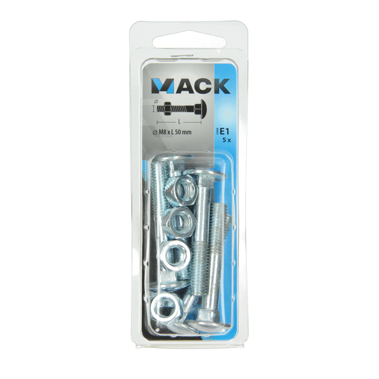 Mack 1017581 - perno para madera + tuerca acero galvanizado 5 piezas m8 x 50 mm | 5 piezas