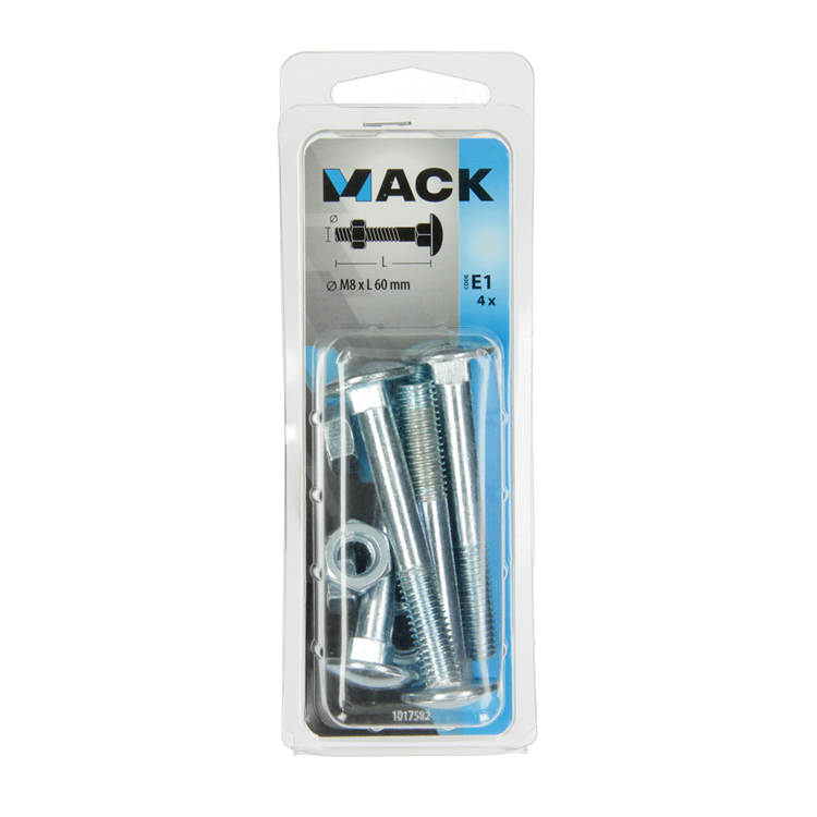 Mack 1017582 - perno para madera + tuerca acero galvanizado 4 piezas m8 x 60 mm | 5 piezas