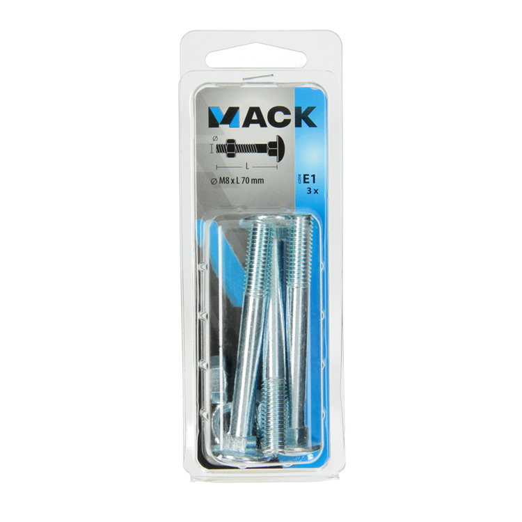 Mack 1017583 - perno para madera + tuerca acero galvanizado 3 piezas m8 x 70 mm | 5 piezas