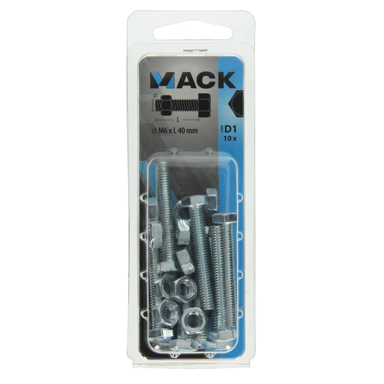 Mack 1017608 - perno macho + tuerca acero galvanizado 10 piezas m6 x 40 mm | 5 piezas