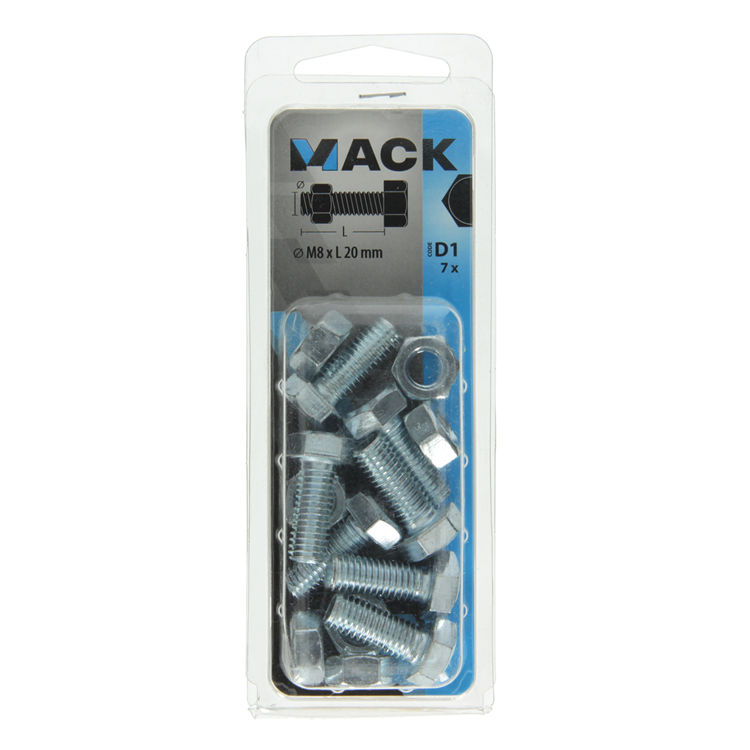 Mack 1017612 - perno macho + tuerca acero galvanizado 7 piezas m8 x 20 mm | 10 piezas