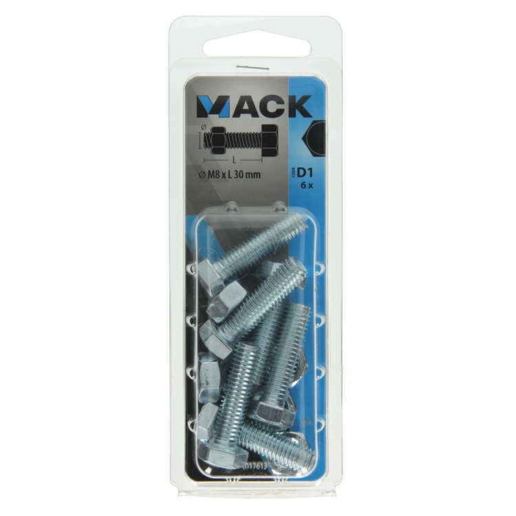 Mack 1017613 - perno macho + tuerca acero galvanizado 6 piezas m8 x 30 mm | 5 piezas