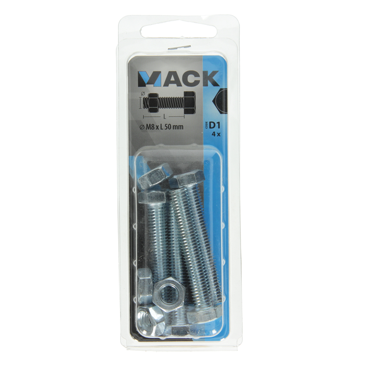 Mack 1017616 - perno macho + tuerca acero galvanizado 4 piezas m8 x 50 mm | 10 piezas