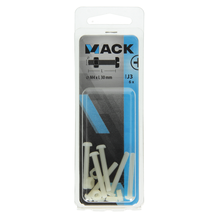 Mack 1017641 - cilindro de tornillo metálico. cabeza + tuerca nylon 6 pzs m4 x 30 mm | 10 piezas
