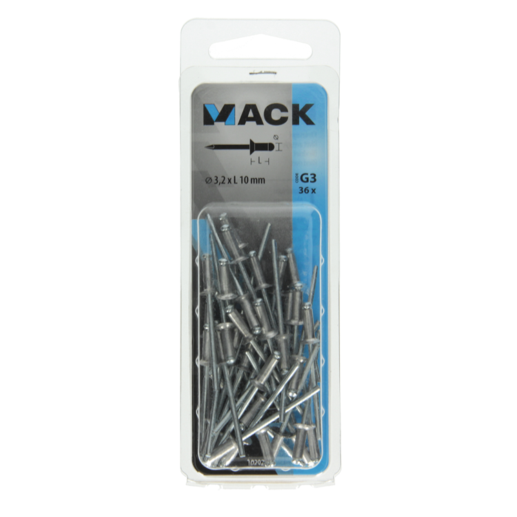 Mack 1020295 - 36 grapas ciegas aluminio 3,2x10mm | 10 piezas