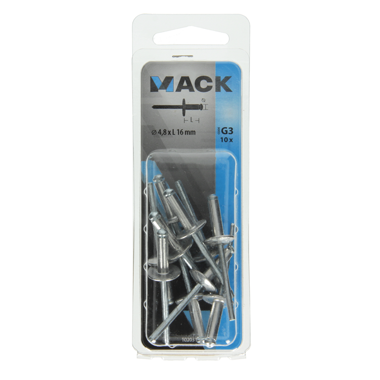 Mack 1020310 - 10 grapas ciegas aluminio cabeza ancha 4.8x16mm | 5 piezas