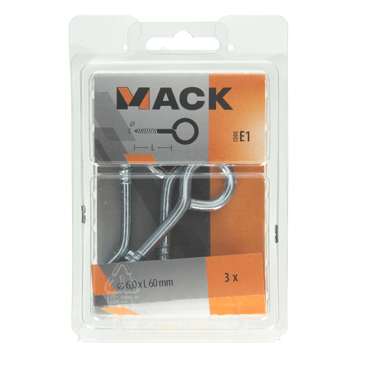 Mack 1017780 - ojo de tornillo acero galvanizado 3 piezas 6,0 x 60 mm | 5 piezas