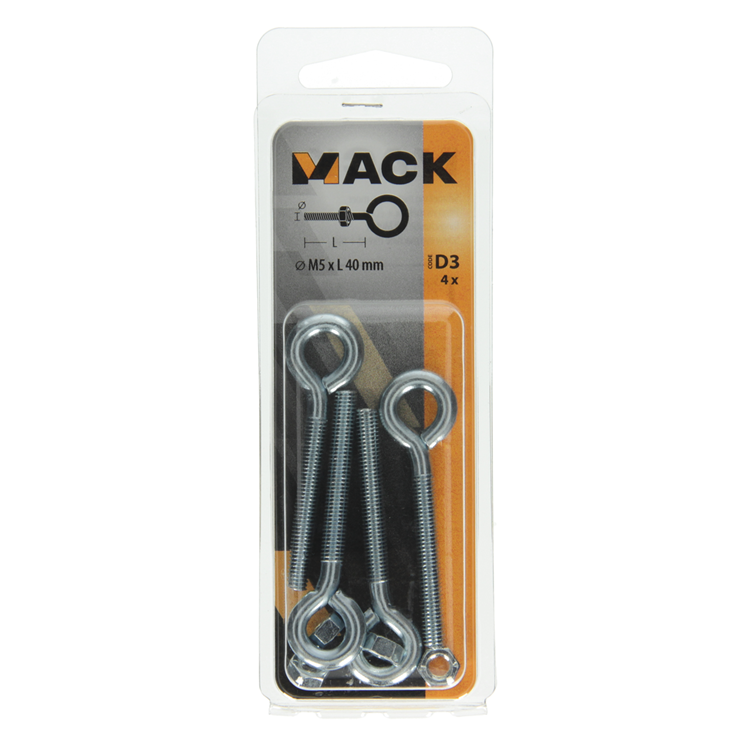 Mack 1017790 - ojo de tornillo métrico + tuerca galvanizada 4 piezas m5 x 40 mm | 10 piezas