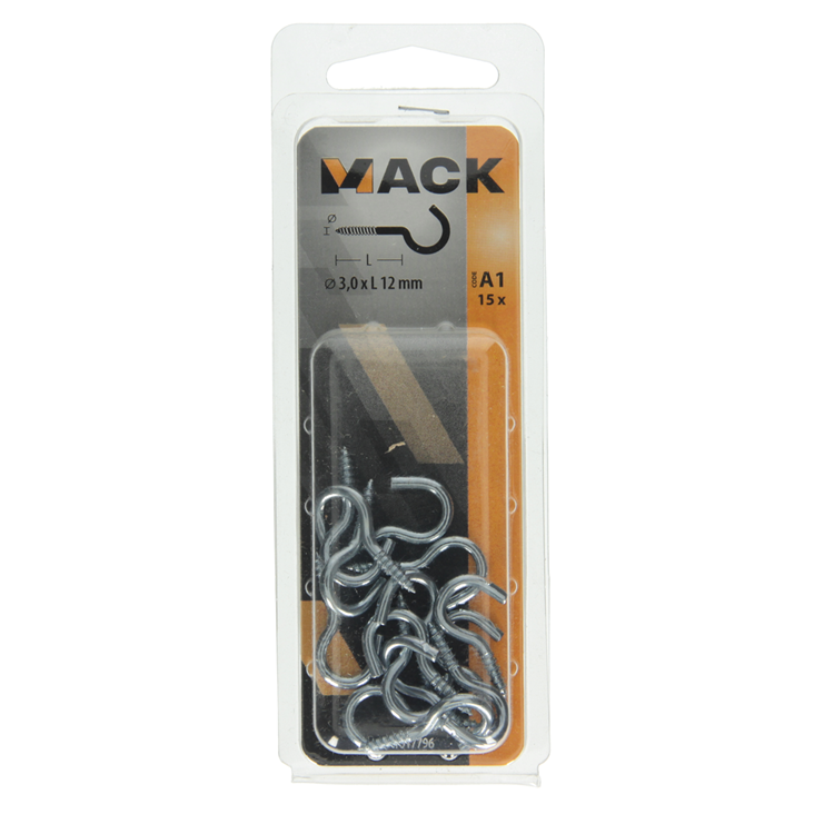 Mack 1017796 - gancho de tornillo acero galvanizado 15 piezas 3,0 x 12 mm | 10 piezas
