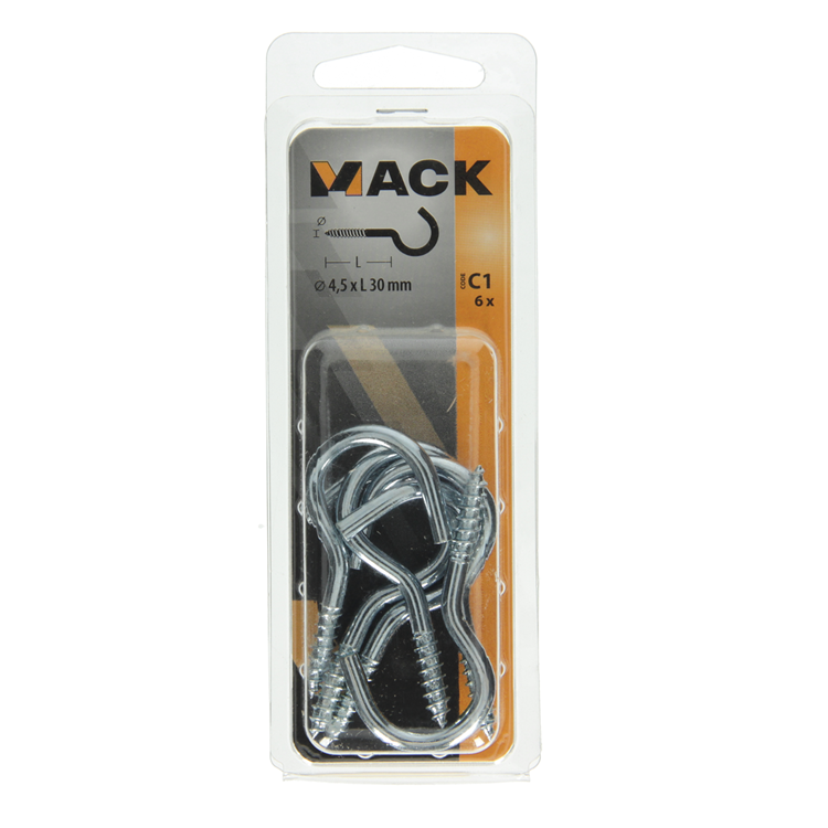 Mack 1017800 - gancho de tornillo acero galvanizado 6 piezas 4,5 x 30 mm | 10 piezas