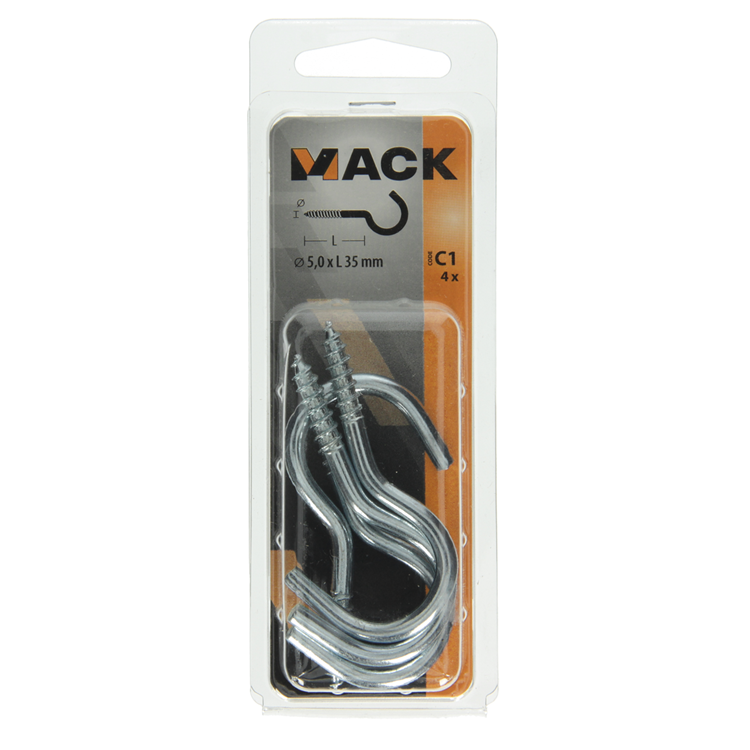 Mack 1017801 - gancho de tornillo acero galvanizado 4uds 5,0 x 35 mm | 10 piezas