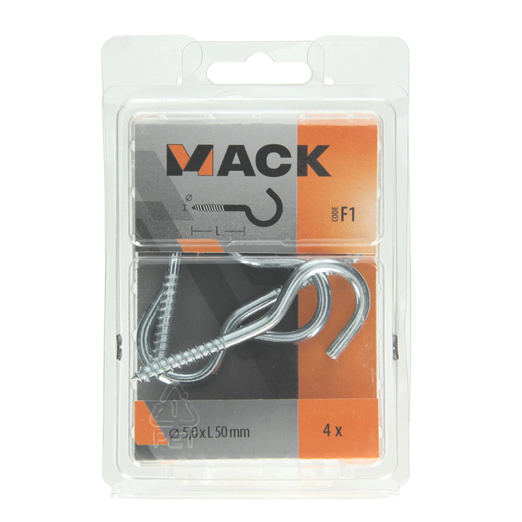 Mack 1017803 - gancho de tornillo acero galvanizado 4uds 5,0 x 50 mm | 5 piezas