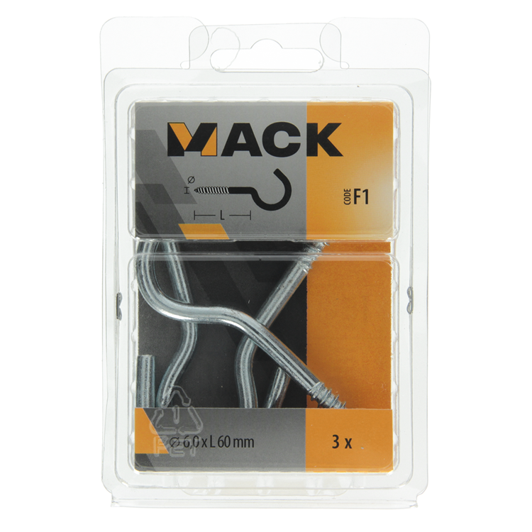Mack 1017804 - gancho de tornillo acero galvanizado 3uds 6,0 x 60 mm | 5 piezas