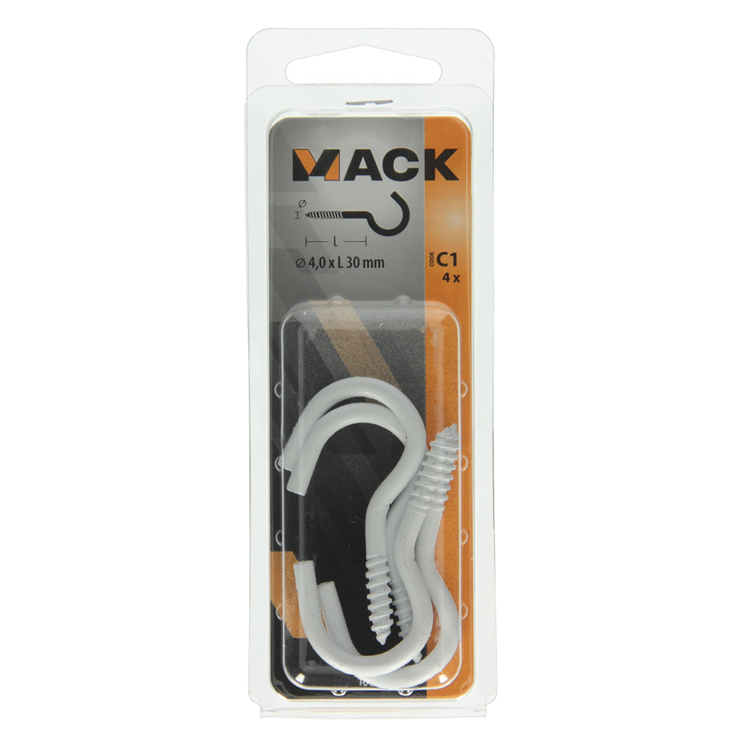 Mack 1017808 - gancho de tornillo acero blanco 4 piezas 4,0 x 30 mm | 10 piezas