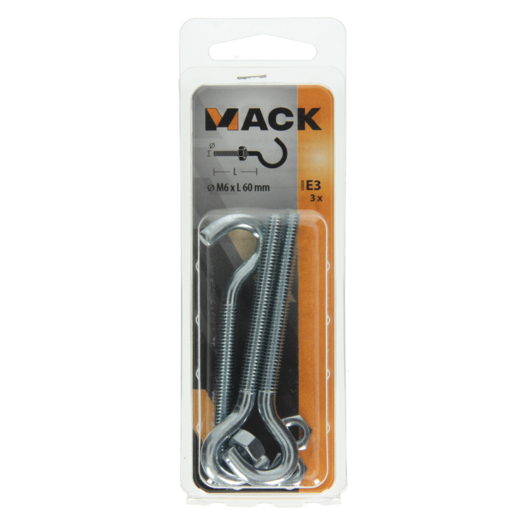Mack 1017811 - gancho tornillo métrico + tuerca galvanizada 3 piezas m6 x 60 mm | 10 piezas